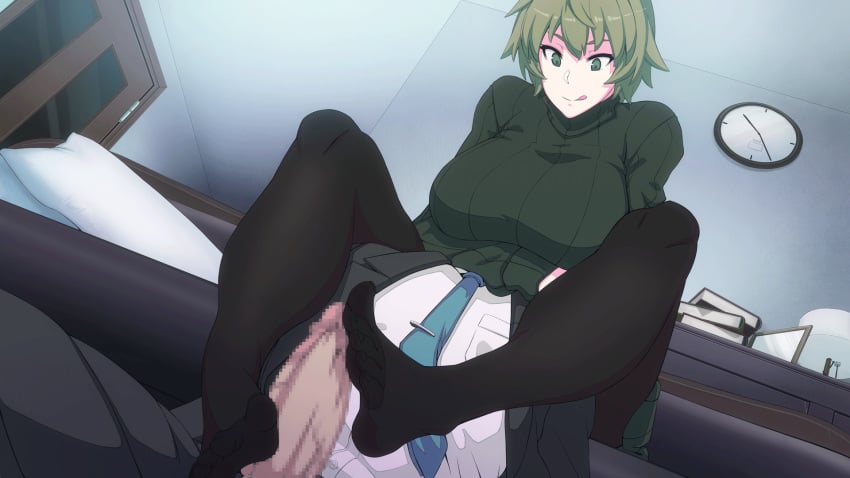 1boy :q akina-chan animated bangs black_legwear breasts buckethead_ero censored closed_mouth desk door dress erection fantia_reward feet female footjob green_dress green_eyes green_hair highres indoors large_breasts large_penis light-skinned_male long_sleeves looking_down mosaic_censoring original paid_reward pantyhose penis ribbed_sweater short_hair solo_focus straight sweater sweater_dress toes tongue tongue_out turtleneck turtleneck_sweater