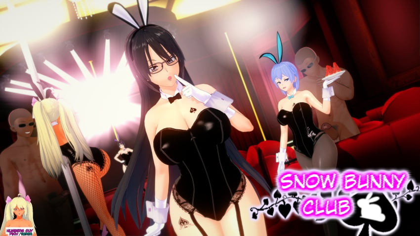 2boys 3d 4girls big_penis black_hair blonde_hair blue_hair bunny_ears bunnysuit cleric_(numbersguy) dark-skinned_male dark_skin english_text female glasses interracial koikatsu large_breasts male ninja_(numbersguy) numbersguy original pole pole_dancing queen_of_spades sensei_(numbersguy) text warm_(numbersguy)