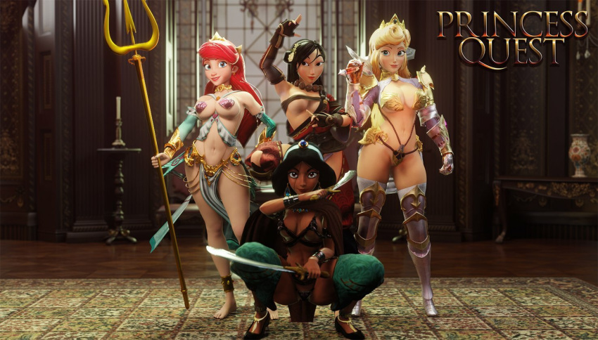 3d 4girls aladdin aladdin_(1992_disney_film) ariel ariel_(the_little_mermaid) asian asian_female aurora_(sleeping_beauty) bikini_armor black_hair blonde_hair busty crisisbeat crossover dark-skinned_female dark_skin dawn_(princess_quest) disney disney_princess fa_mulan female female_focus female_only hourglass_figure huolong_(princess_quest) jazz_(princess_quest) long_hair marina_(princess_quest) mulan mulan_(1998_film) princess princess_jasmine princess_quest red_hair royalty skimpy skimpy_armor skimpy_clothes sleeping_beauty_(1959_film) the_little_mermaid the_little_mermaid_(1989_film) warrior wide_hips