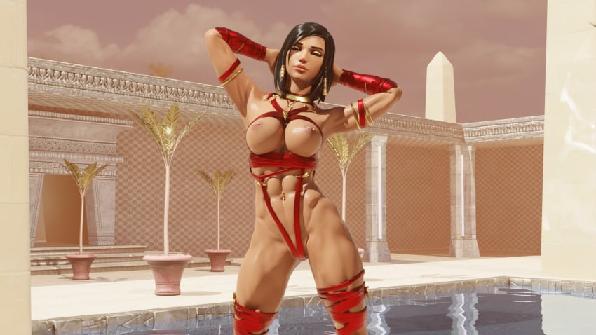 1girls 3d abs areolae blender breasts dark-skinned_female dark_skin female female_only gifdoozer muscles muscular muscular_female nipple_piercing nipples overwatch pharah piercing solo