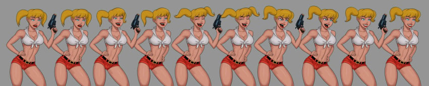 1girls batman:_the_animated_series batman_(series) blonde_hair cleavage clothing dc dc_comics dcau female female_only firearm gun handgun harleen_quinzel harley_quinn hourglass_figure large_breasts navel nipples pale_skin pigtails pop_gun poses revolver short_shorts short_top solo something_unlimited sunsetriders7 weapon wide_hips