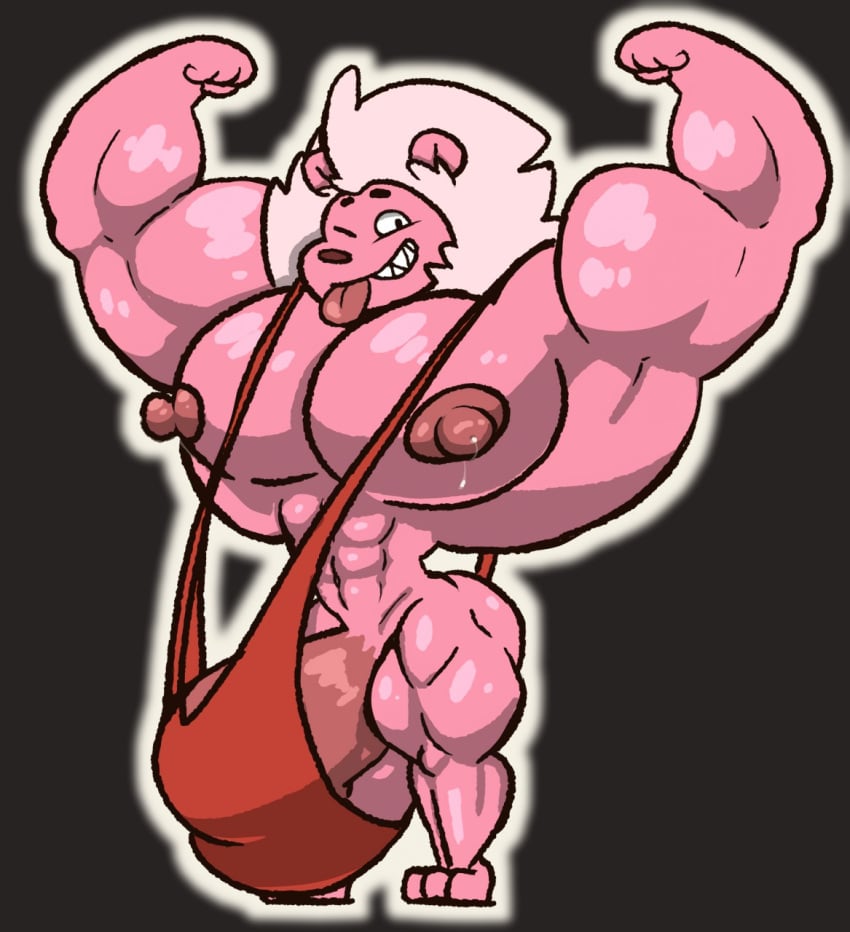 anthro bara big_muscles cartoon_network felid flexing fur huge_bulge huge_muscles hyper hyper_muscles lion lion_(steven_universe) lovelierfreak male male_only mammal mankini muscular one_eye_closed pantherine penis pink_body pink_fur solo steven_universe wink