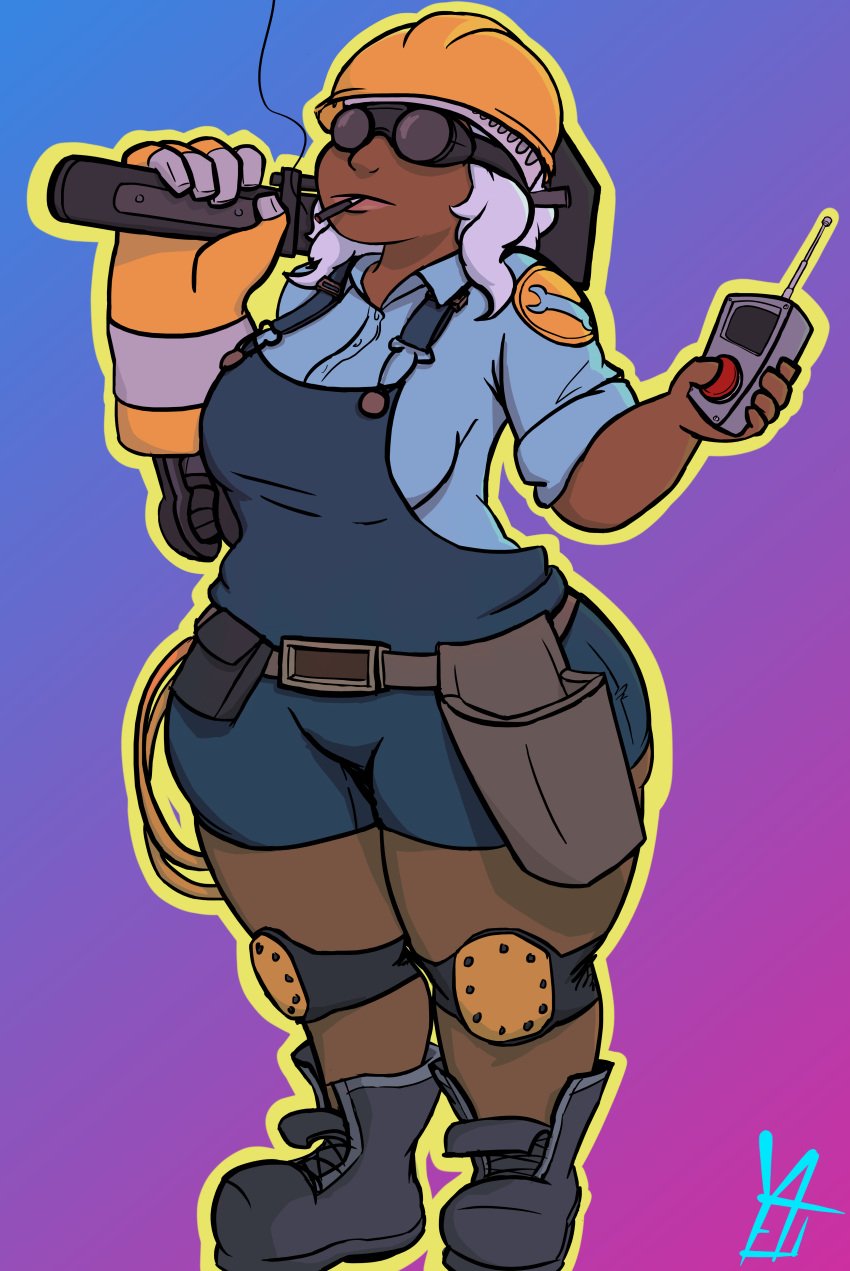 boots cosplay dark-skinned_female engineer_(team_fortress_2) female goggles hips mechanic mechanical_arm original original_character overalls rule_63 team_fortress_2 thick_thighs wide_hips wren_(yetig) wrench yetig