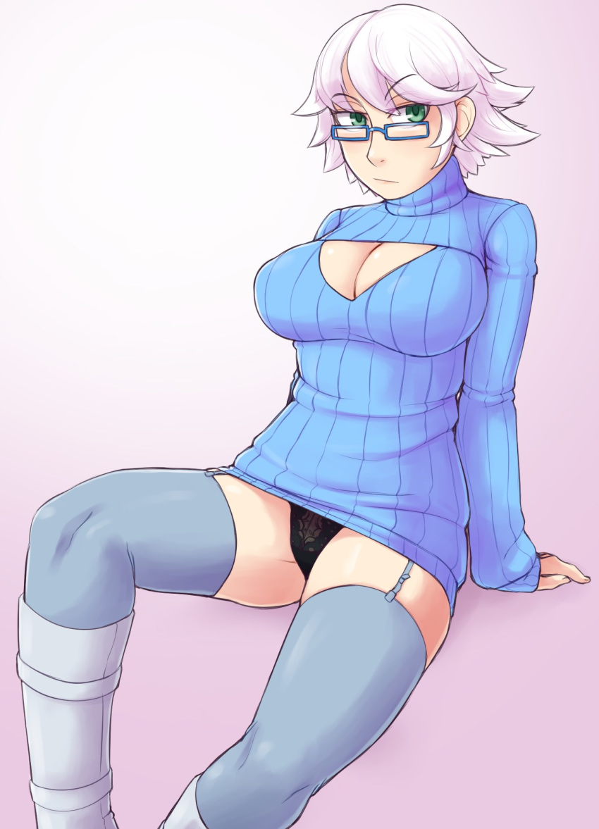 arm_support big_breasts boots garter_belt glasses green_eyes ittla lingerie short_hair spread_legs sweater thighhighs white_hair