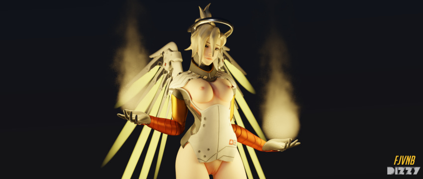 1girls 3d angel_wings big_breasts blizzard_entertainment bottomless breasts female fjvnb magic mercy nipples overwatch pussy solo soul topless widescreen yellow_hair