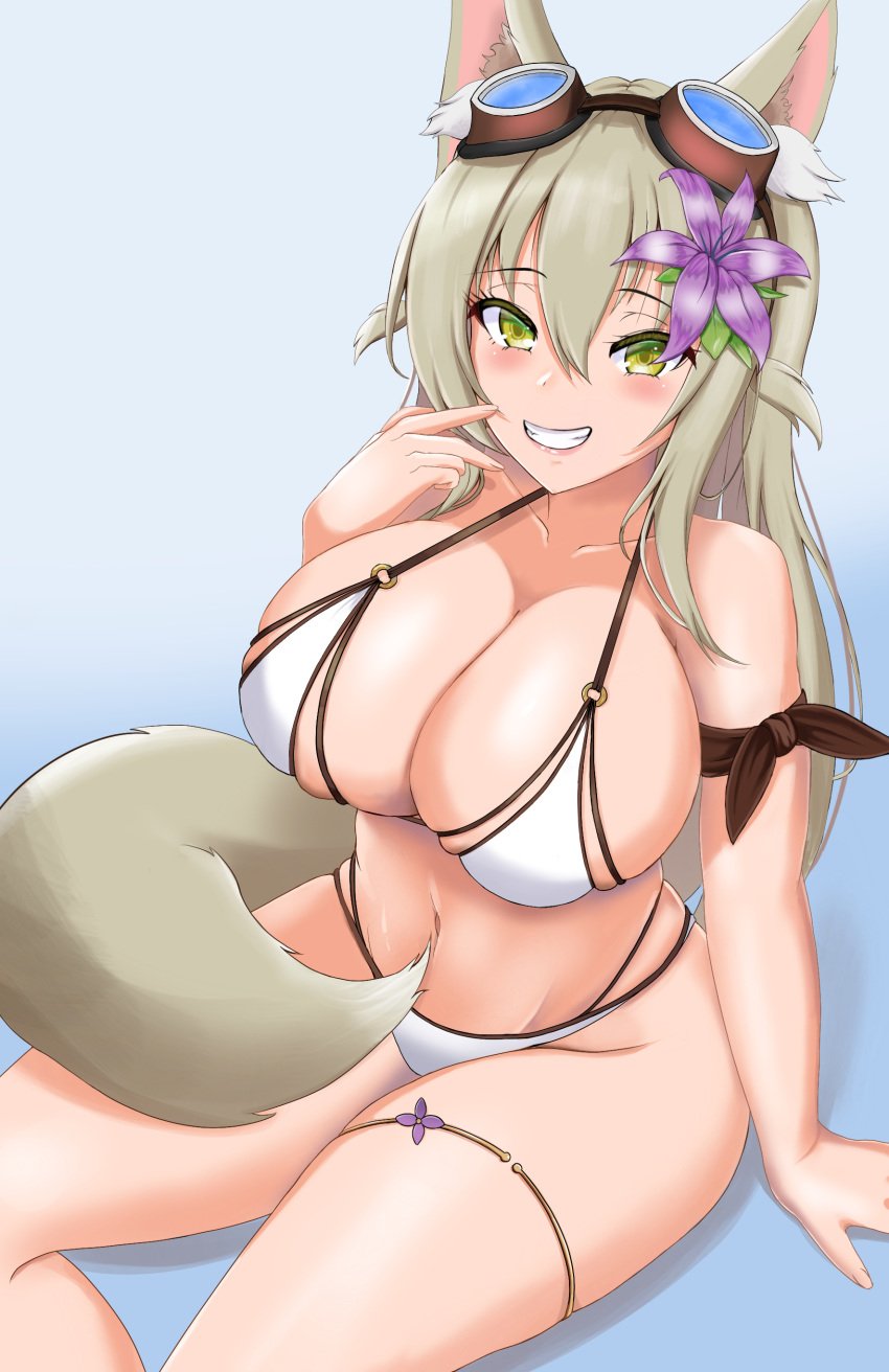 1girls bikini breasts female female_only flower flower_in_hair fox fox_ears fox_girl fox_humanoid fox_tail goggles goggles_on_head humanoid kitsune lily_the_fox_mechanic long_hair looking_at_viewer lost_pause rikadoh smile solo