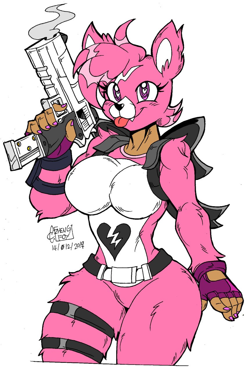 1girls akatsukishiranui-fox animal_ears big_ass big_breasts breasts cuddle_team_leader female female_only fingerless_gloves fortnite furry gun heart-shaped_pupils pink_fur pink_nails purple_eyes signature solo thick_thighs tongue tongue_out white_background zhengfox