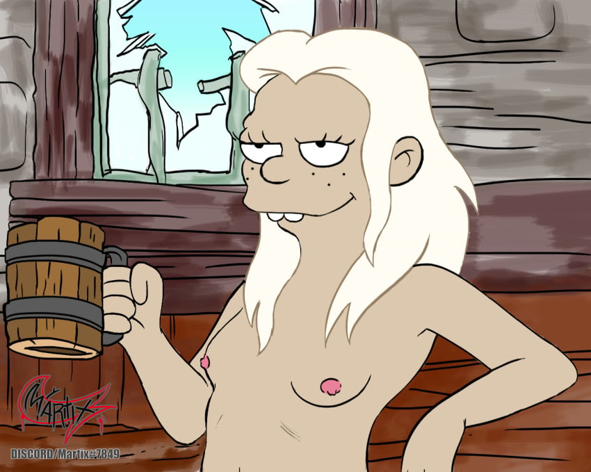 beer beer_mug blonde_hair breasts buckteeth calarts casual disenchantment female freckles freckles_on_face human martix_(artist) netflix nipples nude princess_tiabeanie series small_breasts solo white_hair