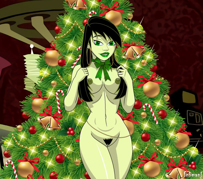 1girls artist_name bare_shoulders big_breasts black_hair breasts busty christmas christmas_tree cleavage curvy detailed_background disney disney_channel earrings eyelashes eyeliner female female_only female_pubic_hair fnbman front_view green_lipstick green_nipples green_skin hairy_pussy hoop_earrings hourglass_figure human human_only innie_pussy kim_possible lipstick long_hair looking_at_viewer makeup miss_go naked nipples nude pose posing pubes pubic_hair pussy ribbon shego shiny shiny_skin solo standing text uncensored voluptuous wide_hips