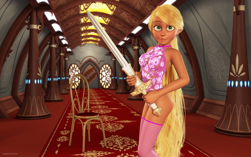 1girls 3d artist_name bare_shoulders big_breasts blonde_hair busty chair clothing curvy detailed_background disney eyelashes female female_only fishnet_stockings footwear front_view green_eyes holding_object hourglass_figure human indoor inside kondaspeter legwear leotard long_hair looking_at_viewer pose posing princess rapunzel room royalty senate_building shiny shiny_skin solo standing stockings sword tangled very_long_hair voluptuous weapon wide_hips yellow_hair