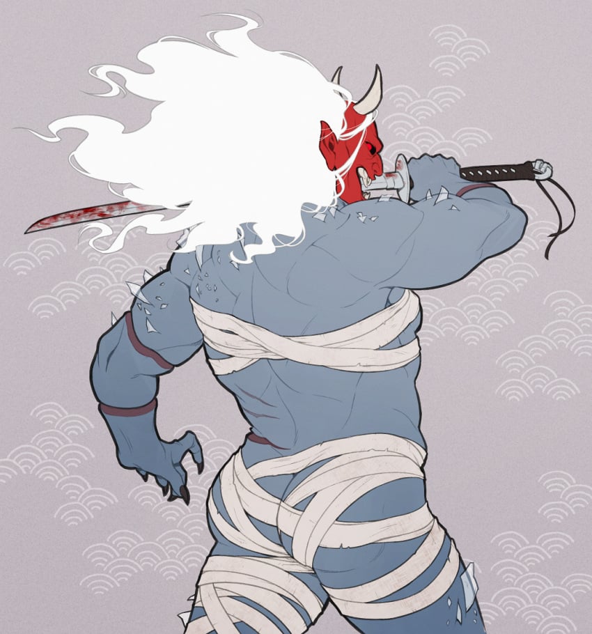 ass back_muscles blue_skin butt_focus dead_by_daylight japanese_mythology kazan_yamaoka male_only manly mask masked muscular_back mythology oni silver_hair sword tagme tagme_(artist) the_oni_(dbd)