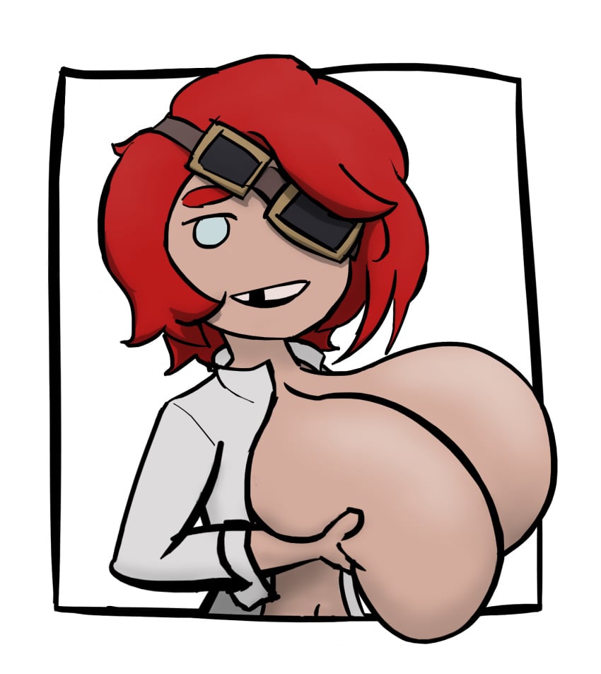 big_breasts blue_eyes breasts goggles goggles_on_head huge_breasts kira_(yetig) labcoat missing_tooth original original_character red_hair yetig