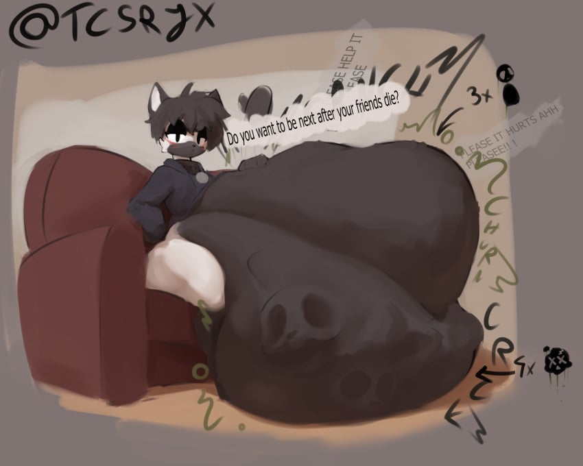 2025 afterimage ambiguous_gender ambiguous_prey anthro anthro_pred arrow_pointing_to_belly asking asking_viewer belly belly_on_ground belly_slap big_belly biped black_belly black_body black_clothing black_collar black_countershading black_drawstring black_ears black_eyelids black_face black_feet black_fur black_hair black_hands black_hoodie black_nose black_text black_topwear bloated blush bodily_noises bone bone_breaking bone_imprints bones_in_stomach bottomless bottomless_anthro bottomless_male calling_for_help character_request cheek_tuft churn clothed clothing collar collar_tag compression_sound_effect contextual_arrow countershade_belly countershade_face countershading crunch crushing_sound_effect death death_count dialogue digestion digestion_noises digital_media_(artwork) digital_painting_(artwork) directional_arrow domestic_cat drawstring drawstring_hoodie drawstring_topwear dripping ears_up english_description english_text facial_tuft fatal_vore feet felid feline felis full-length_portrait fully_inside fur furniture grey_text hair half-closed_eyes hand_on_belly hand_on_own_belly hi_res hood_down hoodie huge_belly hyper hyper_belly iconography imminent_death inside leg_markings lidded_eyes light lighting long_sleeves looking_at_viewer looking_down looking_down_at_viewer low-angle_view male male_anthro male_pred mammal markings monotone_belly monotone_clothing monotone_hair monotone_hoodie monotone_topwear motion_lines multicolored_body multicolored_fur multiple_prey narrowed_eyes navel on_sofa onomatopoeia open_mouth pain painting_(artwork) path_lines pointy_ears portrait prey_count prick_ears pupils question reverse_countershading rumbling_stomach same_size_vore shaded short_hair shortened_sound_effect signature sitting sitting_on_sofa skull skull_imprint skull_symbol slap slapping_own_belly slapping_self slit_pupils socks_(marking) sofa soft_shading soft_vore solo sound_effect_variant sound_effects speech_bubble struggling struggling_prey talking_to_viewer tcsrjx text thick_thighs three-quarter_view topwear tuft twitter_handle two_tone_body two_tone_fur unseen_prey unwilling_prey vore vore_invitation vowelless vowelless_sound_effect white_body white_face white_fur white_inner_ear white_legs white_tuft wide_hips