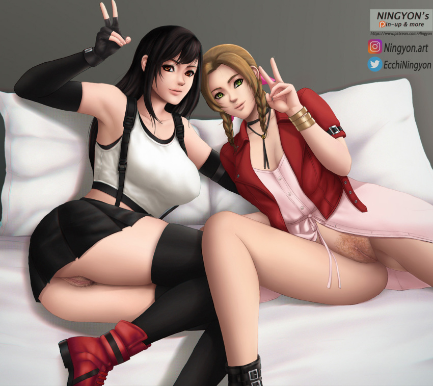 2girls aerith_gainsborough artist_name big_breasts black_hair breasts brown_eyes clothing exposed_pussy female female_only final_fantasy final_fantasy_vii green_eyes hair long_hair multiple_girls ningyon no_panties open_legs pubic_hair pussy shirt skirt square_enix tifa_lockhart url watermark