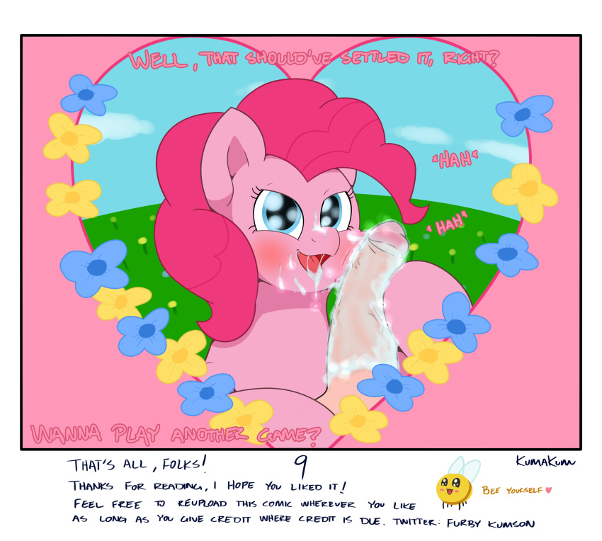 absurd_res arthropod bee blush bodily_fluids comic cum cum_in_mouth cum_inside cum_on_face cumshot disembodied_penis ejaculation equid equine female feral friendship_is_magic genital_fluids hi_res hymenopteran insects kumakum male mammal my_little_pony orgasm penis pinkie_pie_(mlp)