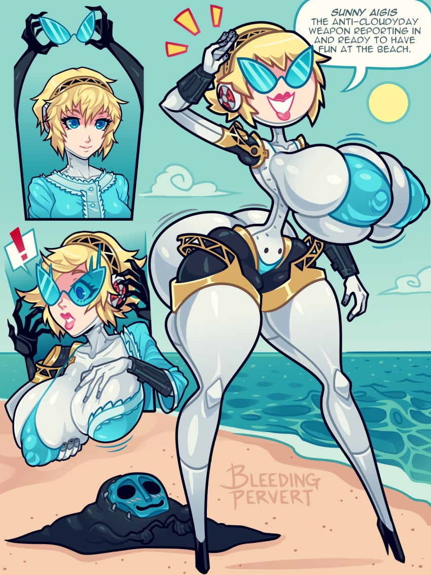 aegis_(persona) aigis_(persona) areola_bulge ass ass_expansion beach bimbo bimbofication bleedingpervert blonde_hair blue_eyes blush breast_expansion breast_grab breasts corruption cowardly_maya disney doll english_text erect_nipples female grabbing headphones high_heels highres huge_ass knick_knack large_ass large_breasts lipstick makeup narrow_waist nipple_bulge permanent_smile persona persona_(series) persona_3 pixar pokies robot robot_girl shadow_(persona) short_hair solo sunglasses sunnification swimsuit text text_focus transformation wide_hips