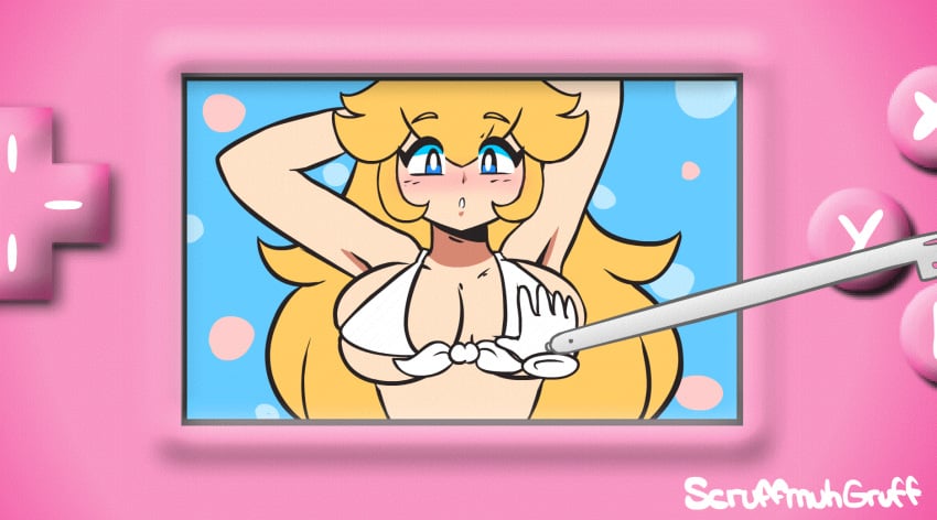 1girls alternate_version_available animated bare_arms bare_shoulders big_breasts blonde_hair blue_eyes blush blushing bra breast_grab clothed disembodied_hand female female_only gif grope groping large_breasts mario_(series) nintendo nintendo_ds princess_peach scruffmuhgruff solo super_mario_bros. touchscreen white_bra