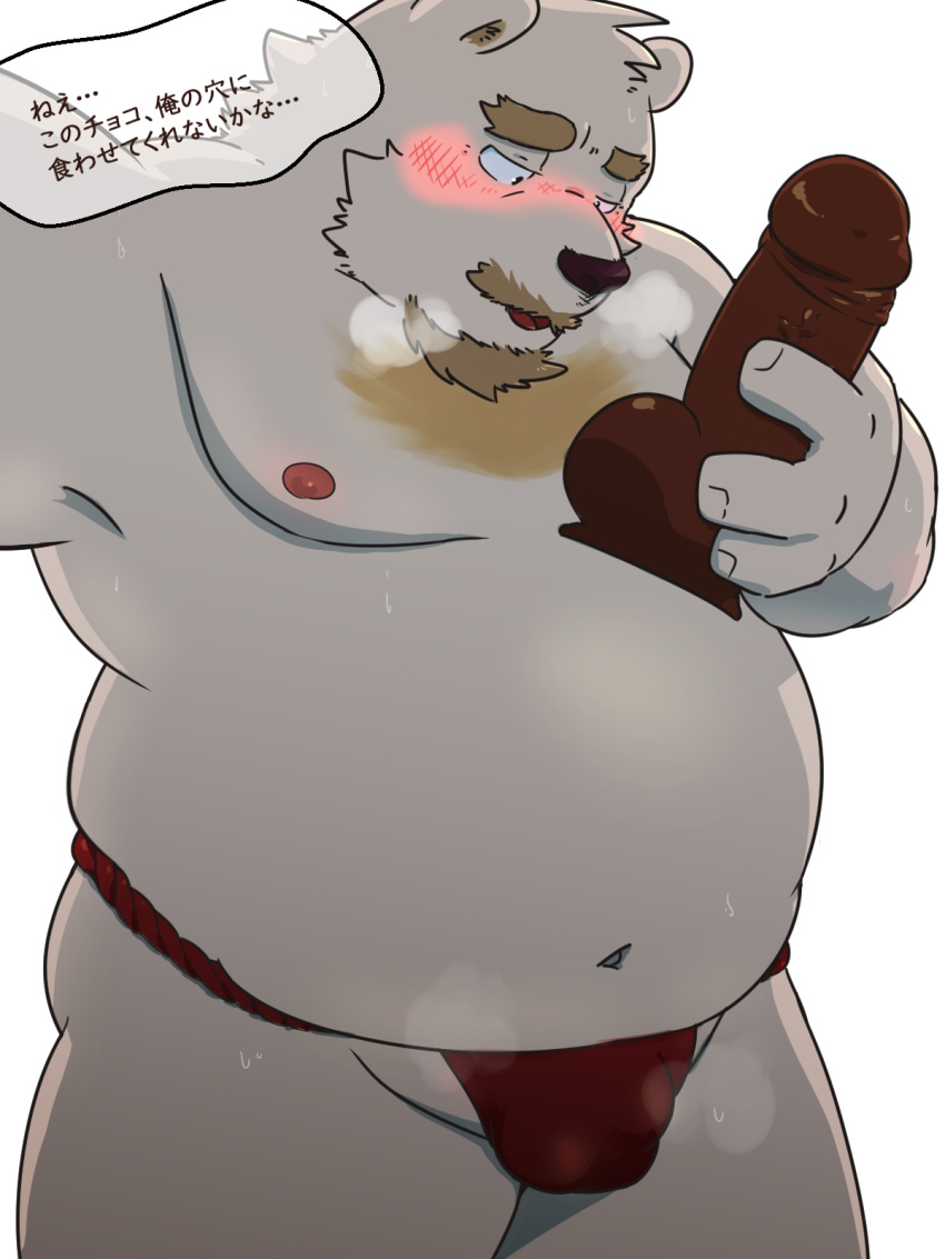 2018 anthro asian_clothing belly blush candy chocolate clothing dildo east_asian_clothing food fundoshi japanese_clothing japanese_text male male_only mammal moobs navel nipples overweight overweight_male sex_toy solo text underwear ursid wdh3905