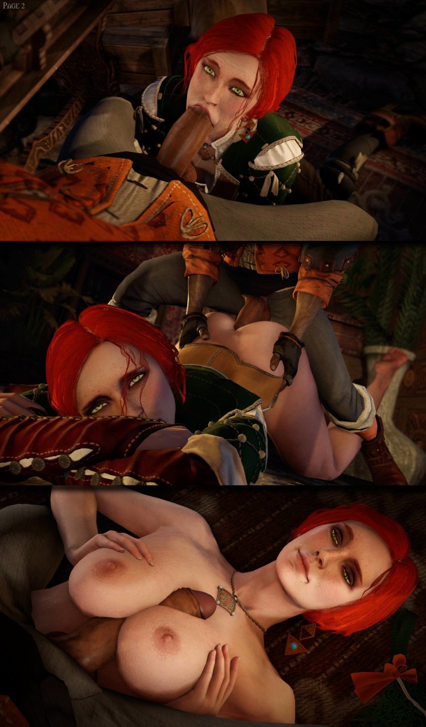 1boy 1girls 3d ass_up atlassfm cd_projekt_red dark-skinned_male dark_skin fellatio interracial paizuri red_hair the_witcher the_witcher_(series) the_witcher_2 the_witcher_3:_wild_hunt triss_merigold vaginal_penetration