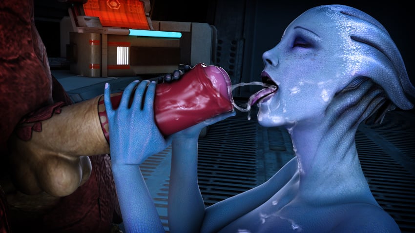 1boy 1girls 3d alien asari asarimaniac big_penis closed_eyes cum cum_in_mouth cum_on_face cumshot faceless_male fellatio female interspecies krogan liara_t'soni male mass_effect open_mouth oral_sex straight tongue_out urdnot_wrex