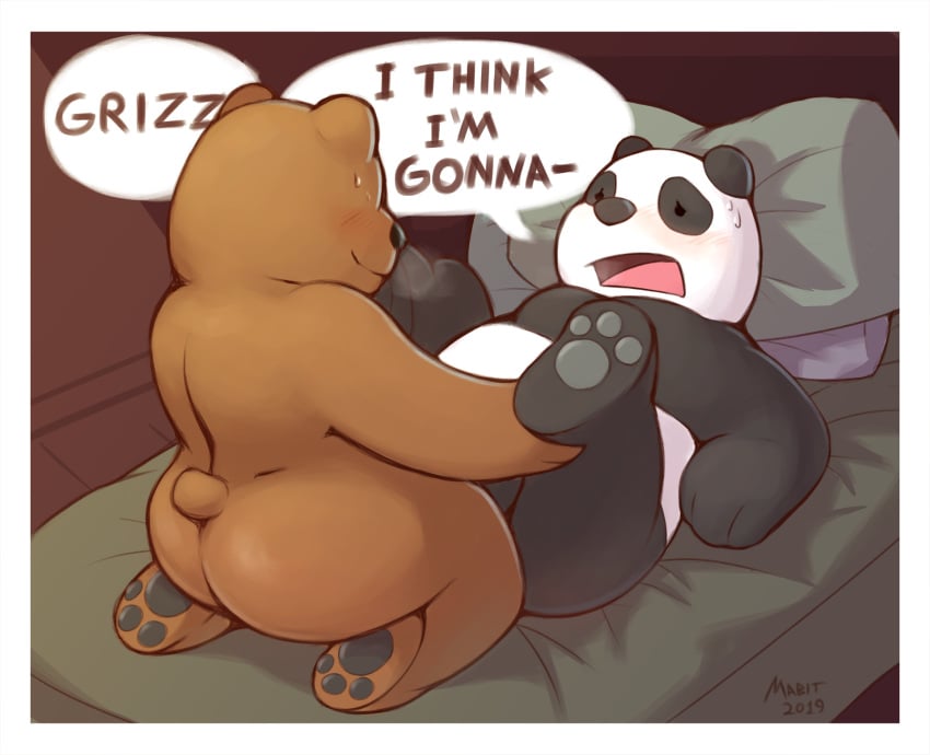 ass black_pawpads blush bodily_fluids brown_bear cartoon_network duo giant_panda grizzly_(wbb) grizzly_bear lying mabit male male/male mammal on_back panda_(wbb) pawpads sex soles sweat ursid ursine we_bare_bears