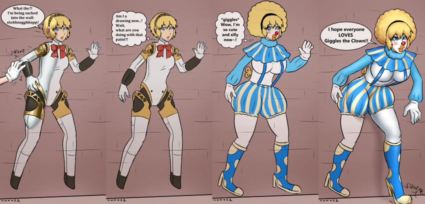 aegis_(persona) aigis_(persona) big_breasts big_lips bimbo bimbofication blonde_hair blue_eyes breast_expansion breasts clown clownification collar female high_heels honk inanimate_transformation latex persona persona_3 polka_dots rainbow red_nose simple_background tights topless transformation transformation_sequence transformed xxxx52