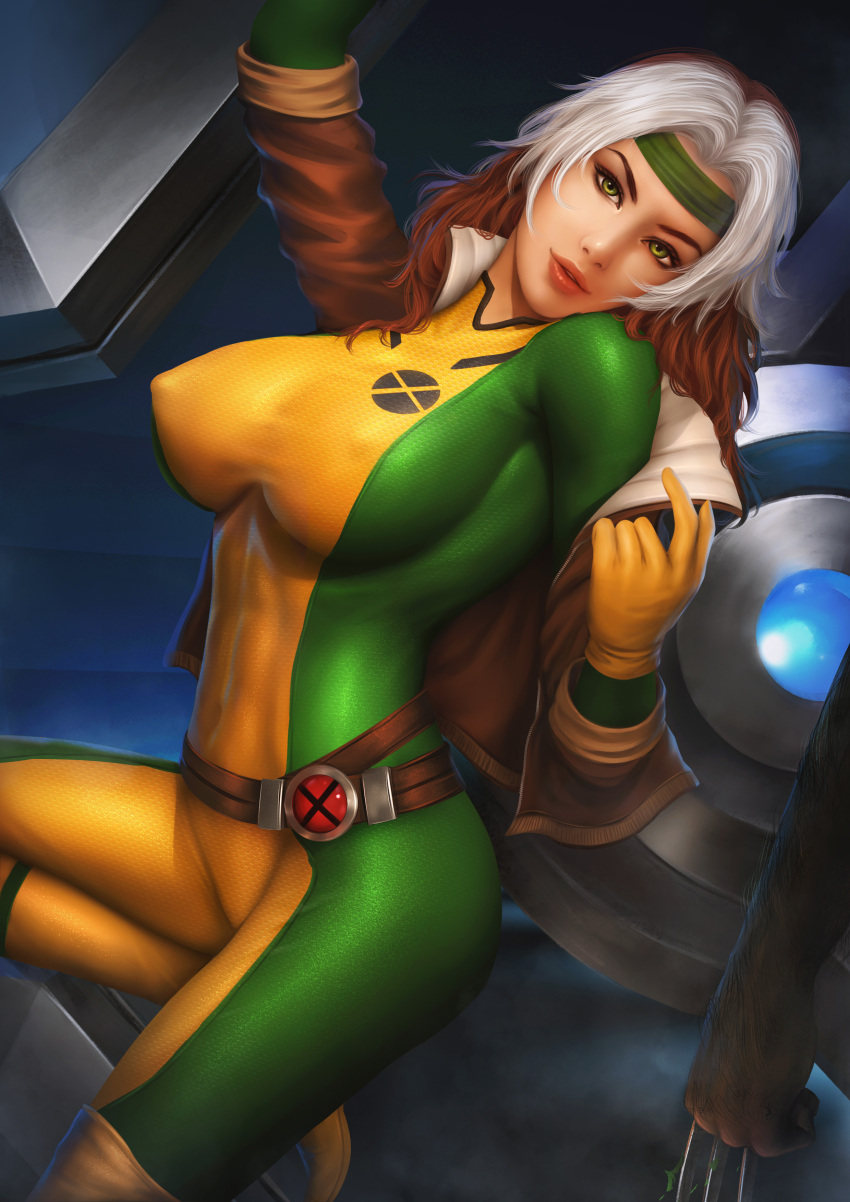 anna_marie big_breasts big_nipples brown_hair clothed clothed_female erect_nipples female female_focus green_eyes looking_at_viewer marvel marvel_comics offscreen_character offscreen_male rogue_(x-men) unseen_male_face white_hair wolverine_(x-men) x-men yupachu