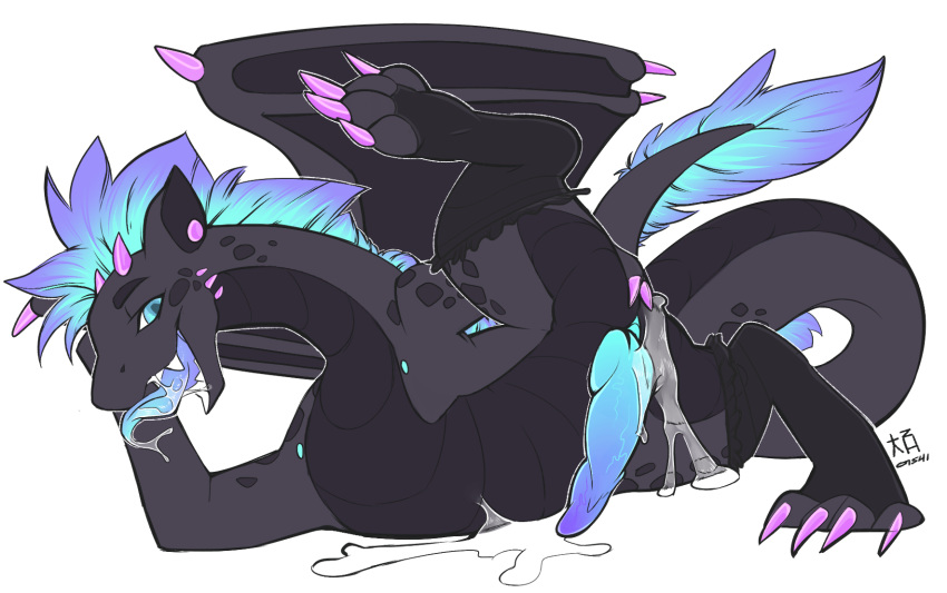 bodily_fluids clothing cum cum_in_ass cum_in_mouth cum_inside cum_leaking cum_pool dragon genital_fluids legwear male male_only o-ishi penis presenting simple_background solo stockings tongue tongue_out wings