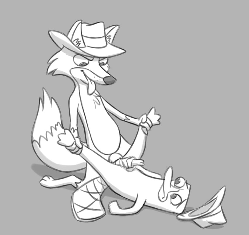 agent_f_(phineas_and_ferb) anal anal_sex anatomically_correct animal_genitalia animal_penis beak bifurcated_penis canid canine canine_penis clothing duo fedora fox hat headgear headwear hi_res interspecies knot lying male male/male mammal masturbation missionary_position monochrome monotreme nude on_back penetration penile penile_masturbation penis perry_the_platypus phineas_and_ferb platypus red_fox sex the_giant_hamster tongue tongue_out