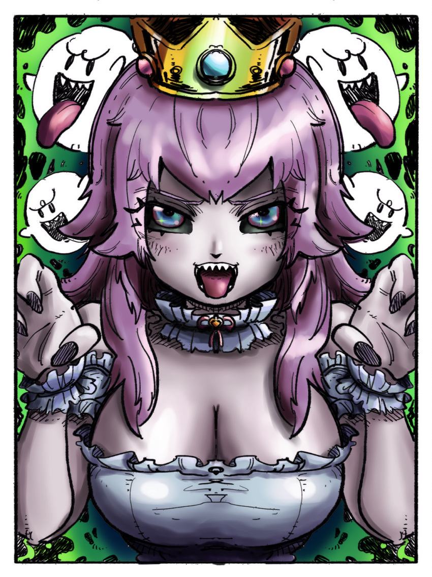 1girls ambiguous_gender big_breasts boo_(mario) boosette breasts claw_pose cleavage clothing color colored female female_focus ghost long_hair looking_at_viewer luigi's_mansion mario_(series) new_super_mario_bros._u_deluxe nintendo open_mouth sharp_teeth smile solo_focus spiritflame24 super_crown takumi_watanuki teeth tongue tongue_out