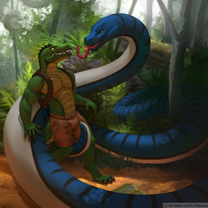 anthro bodily_fluids bulge comic conditional_dnp crocodile crocodilian crocodylid danza explorer female jungle landscape patreon reptile saliva scales scalie snake sneaky tongue