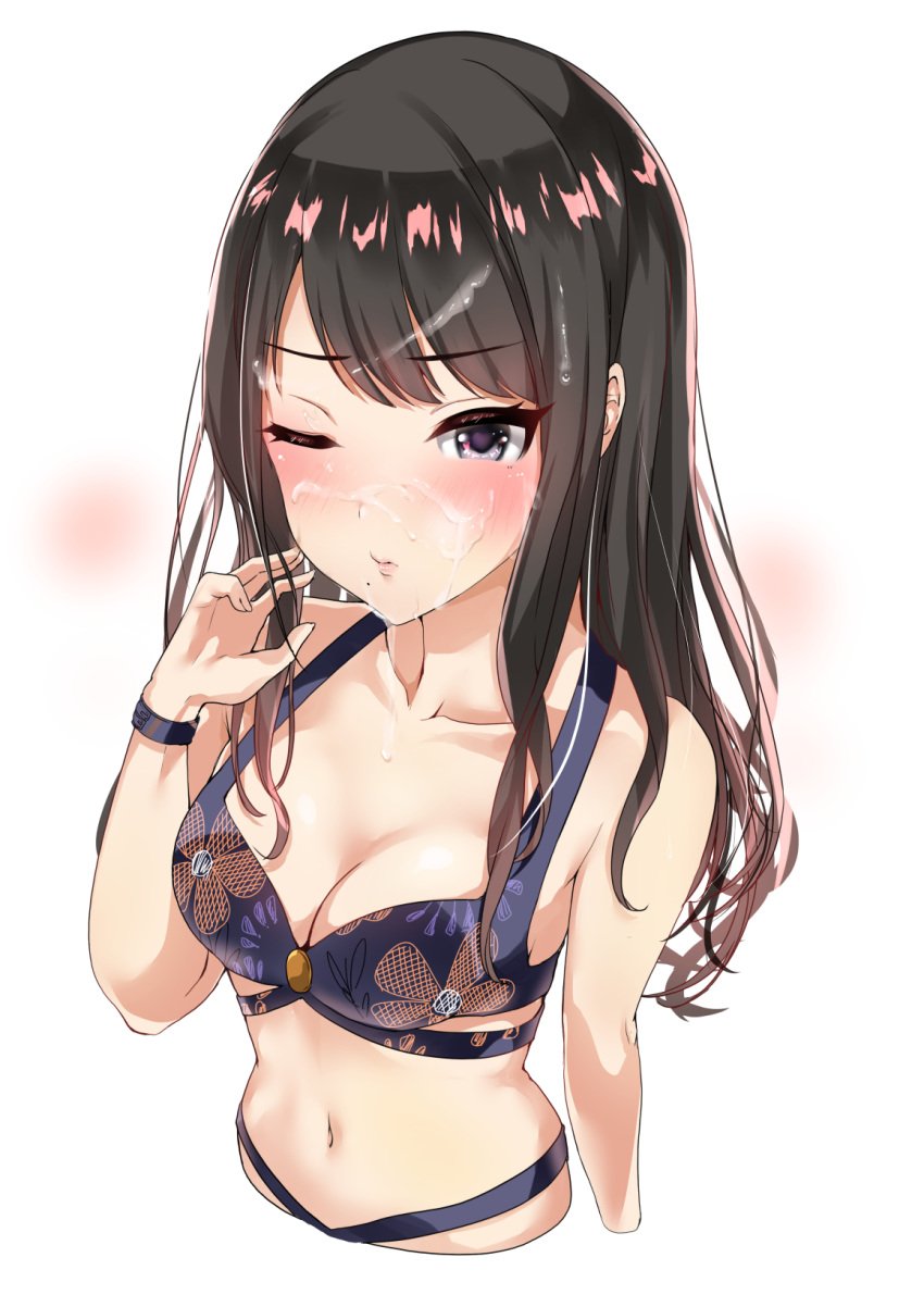 bangs bikini black_hair blush breasts cleavage collarbone cum cum_on_body cum_on_hair cum_on_upper_body eyebrows_visible_through_hair facial female finger_to_cheek grey_eyes highres idolmaster idolmaster_shiny_colors kazano_hiori lips long_hair looking_at_viewer medium_breasts mole mole_under_mouth murabito_c navel one_eye_closed purple_bikini solo stomach swept_bangs swimsuit upper_body watch wristwatch