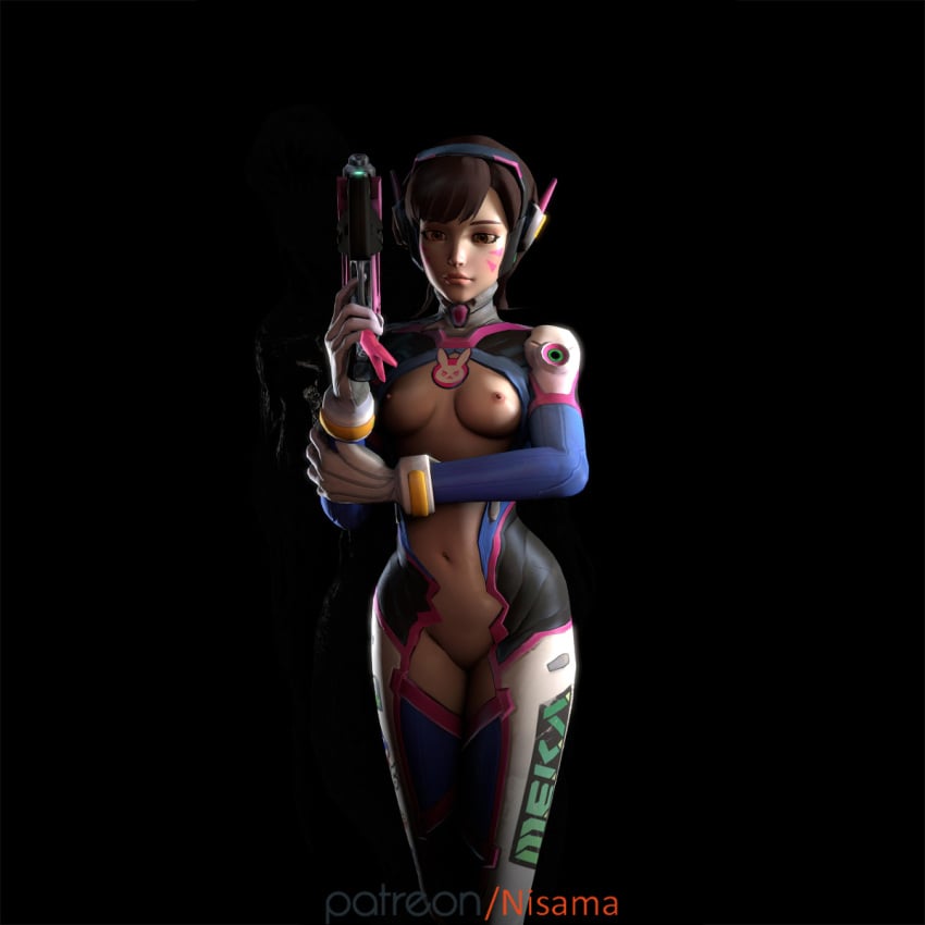 3d bodysuit breast brown_eyes brown_hair d.va gloves gun headset nisamasfm open_top overwatch tagme