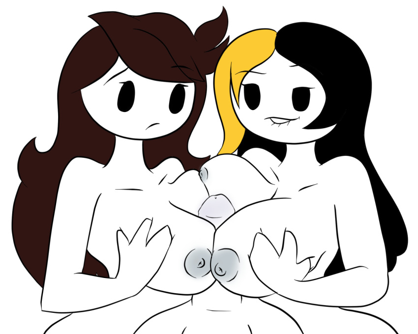 1boy 2017 2girls big_breasts biting_lip black_hair breasts brown_hair brunette crossover double_paizuri duo dyed_hair female game_grumps jaiden jaiden_animations male mob_face neronova no_bra outercourse paizuri penis pov simple_background straight suzy_berhow tagme threesome white_background youtube youtuber