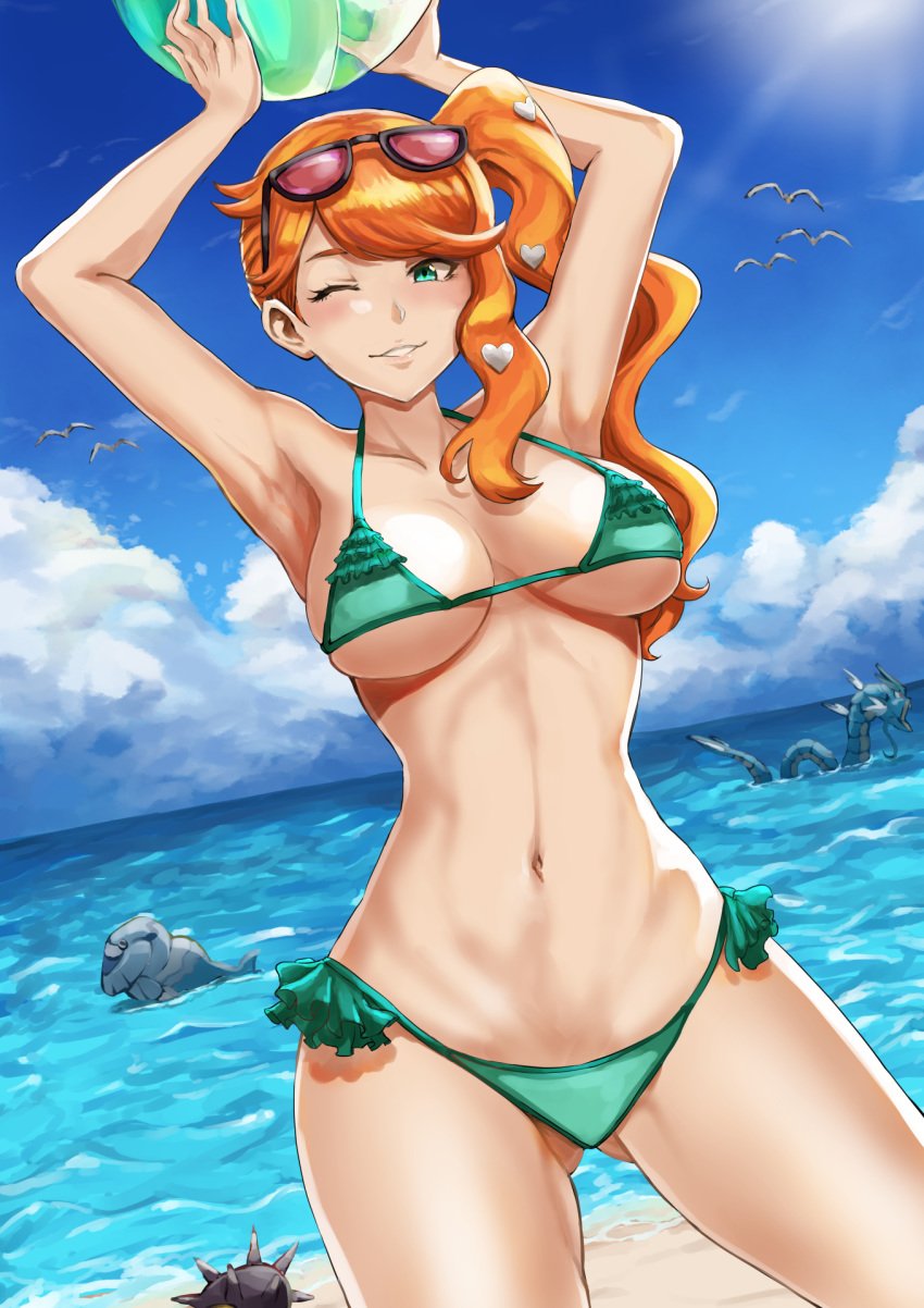 1girls aqua_eyes arctovish armpits beach beach_ball bikini blush breasts clouds female green_bikini green_eyes green_swimsuit gyarados halterneck heart_hair_ornament holding_beachball jojobirdz large_breasts looking_at_viewer midriff navel nintendo ocean one_eye_closed orange_hair outside pale-skinned_female pale_skin pincurchin pokemon pokemon_ss ponytail side_ponytail sky sonia_(pokemon) sunglasses sunglasses_on_head swimsuit thighs water wingull