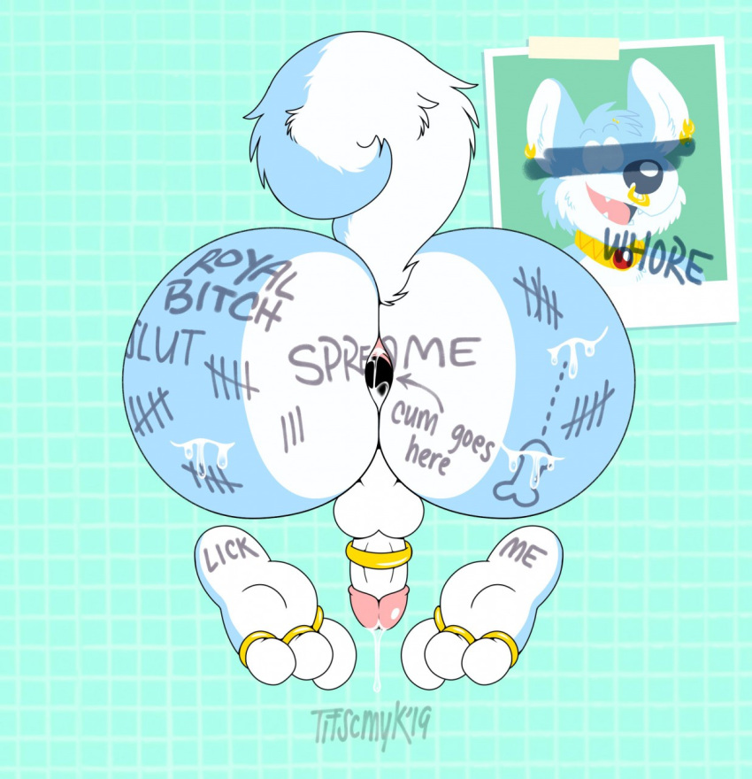 2019 accessory anthro ass balls big_butt biped bodily_fluids body_writing canid canine canis cock_ring cum digital_media_(artwork) flaccid fox gaping genital_fluids genitals glans hi_res huge_butt hybrid jewelry male mammal mana_(manaozyfolf) penis penis_accessory penis_jewelry perineum rear_view simple_background solo twistcmyk wolf