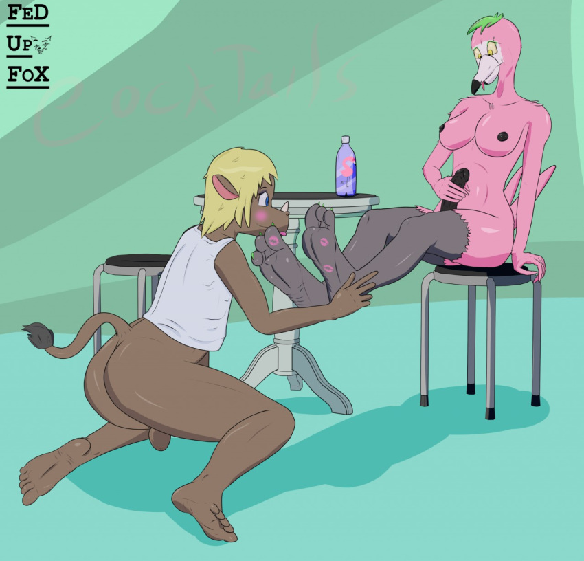 1boy 1futa 3_toes anthro avian balls barefoot bird blonde_hair blue_eyes blush bottle breasts chair clothed clothing crossdressing fedupfox flamingo foot_focus foot_worship furniture futa_on_femboy futadom green_hair hair invalid_tag kiss_mark makeup mammal masturbation mature_(disambiguation) nude presenting rhinocerotoid shirt simple_background table toes topwear trejo yellow_eyes