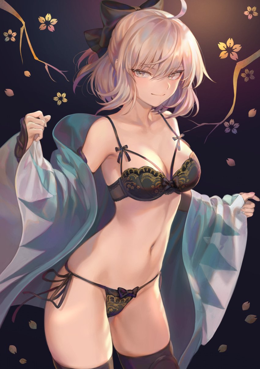 1girls ahoge arm_guards bangs black_bow black_bra black_panties blonde_hair blush bow bra breasts cleavage fate/grand_order fate_(series) gradient gradient_background grey_eyes hairbow half_updo haori highres japanese_clothes koha-ace lingerie long_sleeves looking_at_viewer mashu_003 medium_breasts navel off_shoulder okita_souji_(fate) okita_souji_(fate)_(all) open_clothes panties short_hair side-tie_panties sidelocks smile solo thighhighs thighs underwear wide_hips wide_sleeves