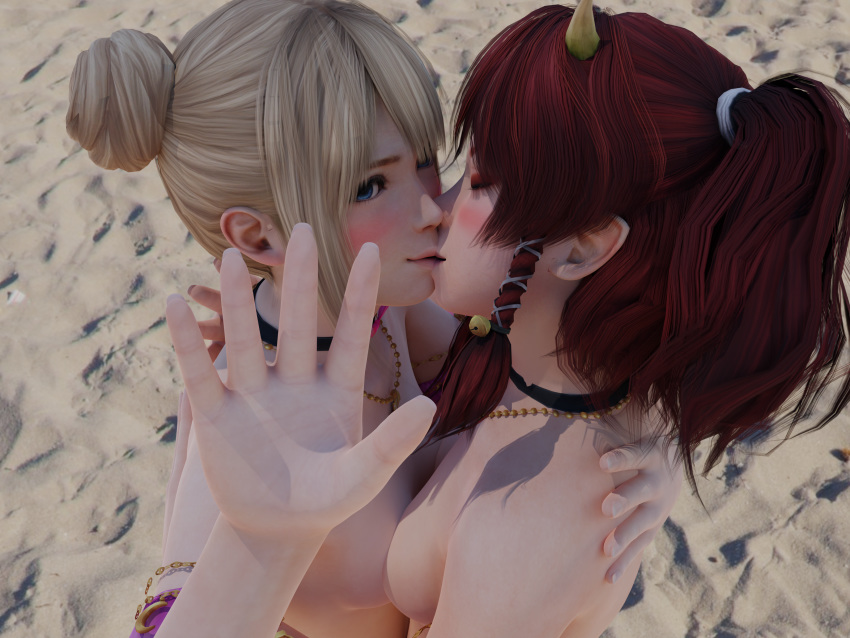 2girls 3d alternate_hairstyle asymmetrical_docking blonde_hair blue_eyes blush breasts closed_eyes dead_or_alive dead_or_alive_5 dead_or_alive_xtreme_venus_vacation double_bun female female_only heart_tattoo kanna_(dead_or_alive) marie_rose multiple_girls nigi2 oni_horns red_hair symmetrical_docking yuri