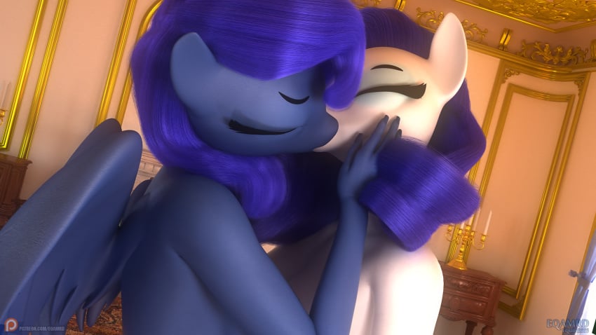 3d alicorn alicorn_wings anthro eqamrd female female_only friendship_is_magic hasbro horse interior kissing my_little_pony pony princess_luna_(mlp) rarity_(mlp) straight_hair unicorn wings yuri