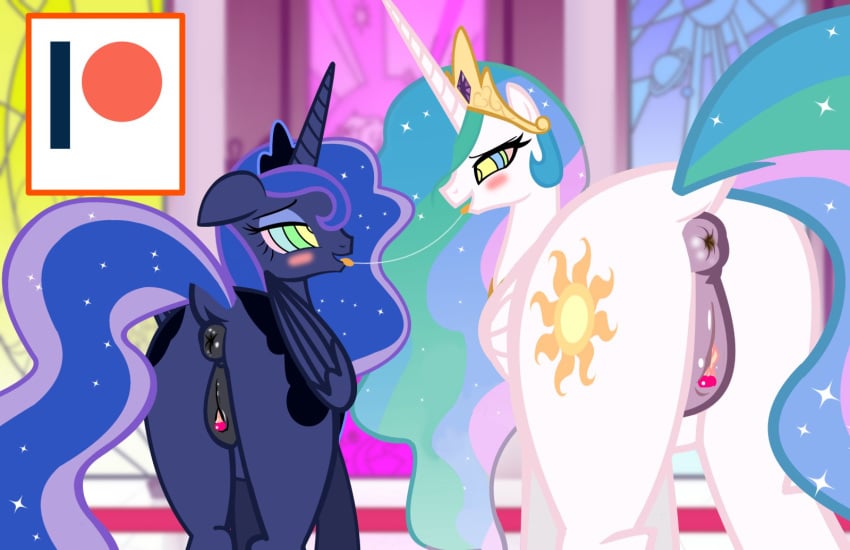 after_kiss alicorn anus blush bodily_fluids cutie_mark duo equid eye_contact female female/female feral friendship_is_magic horn looking_at_another mammal moon_pearl my_little_pony princess_celestia_(mlp) princess_luna_(mlp) princest pussy saliva saliva_string wings yuri