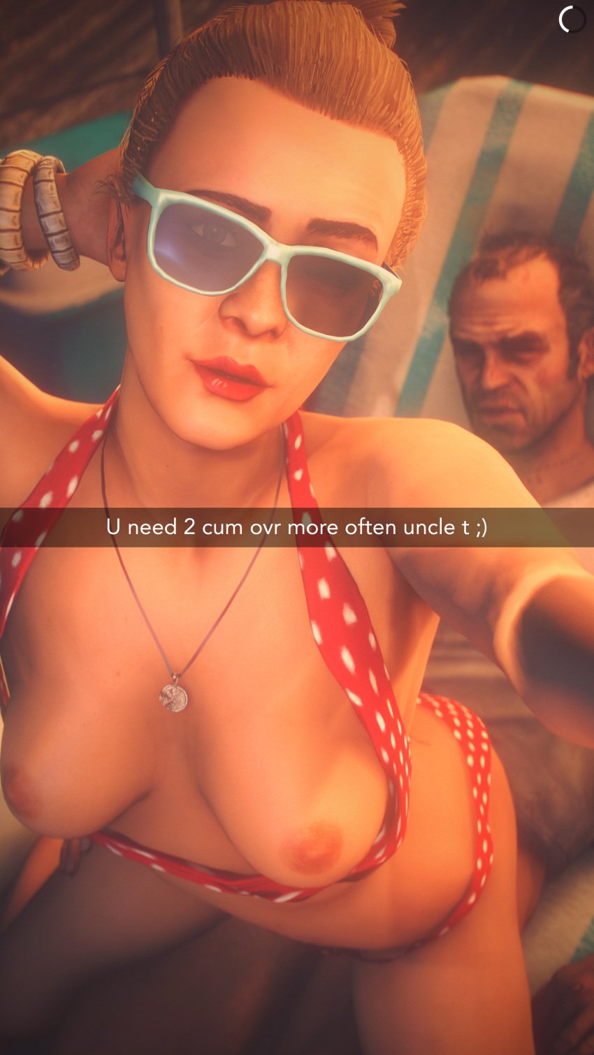 3d ;) bare_shoulders black_hair blonde_hair bracelet bracelets closed_eyes collarbone emoji grand_theft_auto grand_theft_auto_v happy happy_sex necklace open_bra red_bikini red_lips rockstar_games selfie sitting small_breasts snapchat source_filmmaker straddle straddling sunglasses text tinted_eyewear topless tracey_de_santa trevor_philips uncle_and_niece wink winking