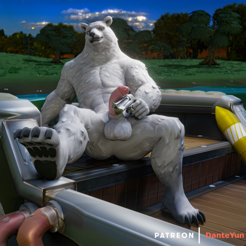 1:1 1boy 2019 3d 3d_(artwork) animal_genitalia animal_penis anthro balls black_claws claws conditional_dnp dante_yun day epic_games erection fortnite fur humanoid_penis male male_focus male_only mammal nude outside penis polar_bear polar_patroller_(fortnite) sitting solo ursid ursine video_games white_body white_fur