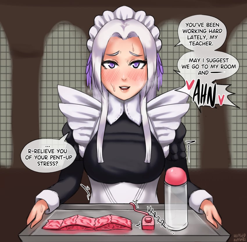 blush clothed_masturbation clothing condom dialogue edelgard_von_hresvelg english_text femsub fire_emblem fire_emblem:_three_houses looking_at_viewer maid maid_uniform masturbation nintendo purple_eyes royalty sex_toy silver_hair student sweat vibrator vibrator_cord wingedwasabi