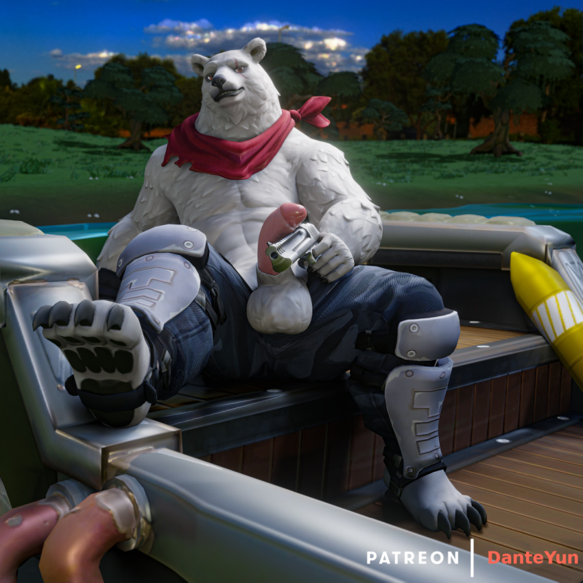 1:1 1boy 2019 3d 3d_(artwork) animal_genitalia animal_penis anthro balls black_claws claws clothed clothing conditional_dnp dante_yun day epic_games erection fortnite fur holding_weapon humanoid_penis male male_only maledom mammal nude outside penis polar_bear polar_patroller_(fortnite) sitting solo ursid ursine video_games white_body white_fur