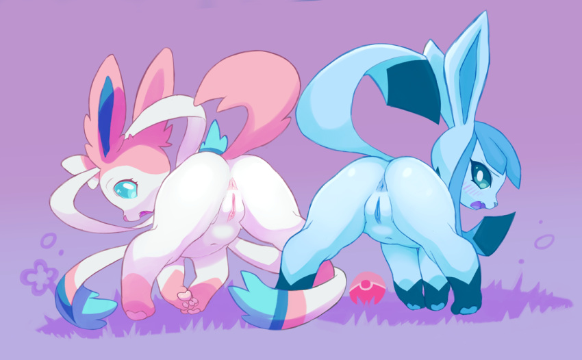 2girls anus ass blue_eyes blush canine duo eeveelution female feral furry glaceon gradient_background nintendo open_mouth otsu pawpads paws pokémon_(species) poke_ball pokemon pokemon_(species) pokemon_dppt pokemon_xy presenting presenting_hindquarters pussy simple_background smile sylveon teal_eyes video_games