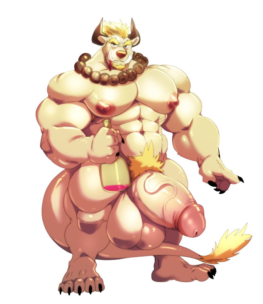 2019 5_fingers 5_toes anthro armpit_hair balls beard behemoth beverage big_balls big_muscles big_nipples black_claws black_horn blonde_hair body_hair brown_nose claws cursedmarked eyebrows facial_hair fingers fur hair hi_res horn huge_balls huge_muscles hyper hyper_balls hyper_penis jewelry kone_(madcow100) madcow100 male male_only muscular muscular_male necklace nipples nude penis pink_nipples plantigrade pubes solo standing thick_eyebrows thick_penis toes vein veiny_penis white_body white_fur