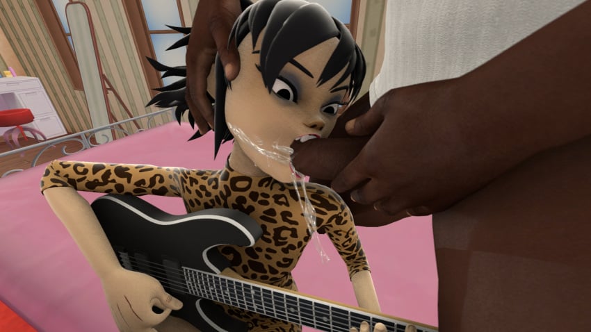 1boy 1girls 3d black_eyes black_hair cum cum_in_mouth cum_on_face dante656565 dark-skinned_male dark_skin gorillaz guitar interracial leotard light_skin lipstick makeup noodle_(gorillaz) noodle_(strobelite) russel_hobbs source_filmmaker tagme