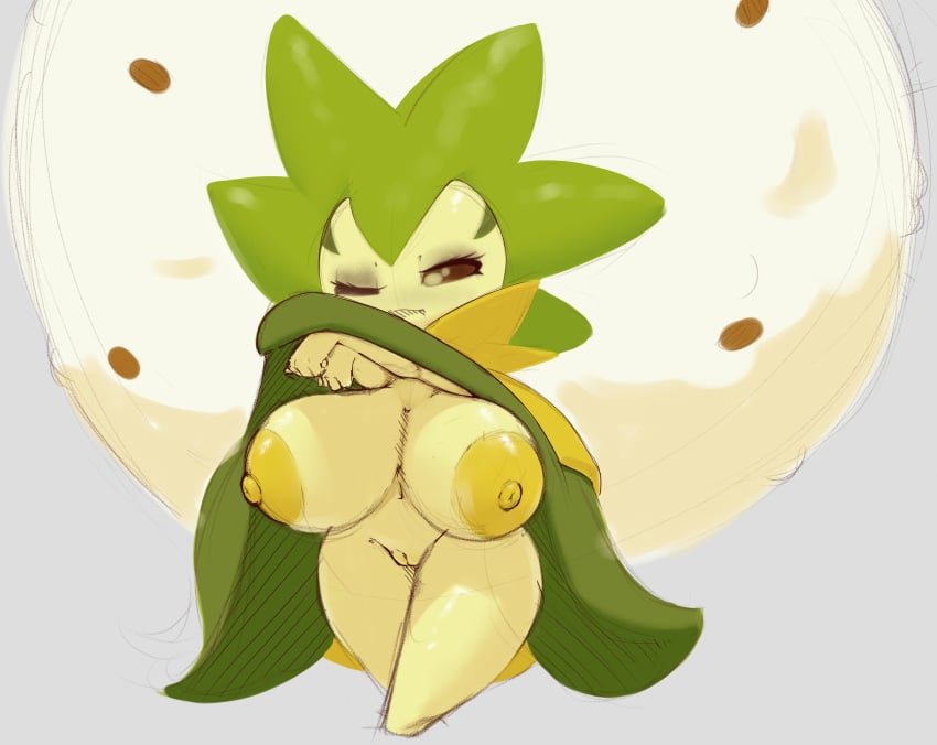 1girls 2019 absurd_res anthro anthrofied areolae breasts clothing_lift dibujosv12 eldegoss exposed eye_contact eyelashes flora_fauna green_body green_nipples green_skin grey_background half-closed_eyes hi_res huge_breasts humanoid looking_at_viewer nintendo nipples one_eye_closed original_character plant plant_humanoid pokémon_(species) pokemon pokemon_ss pokemorph pussy shortstack simple_background sketch thick_thighs video_games wide_hips