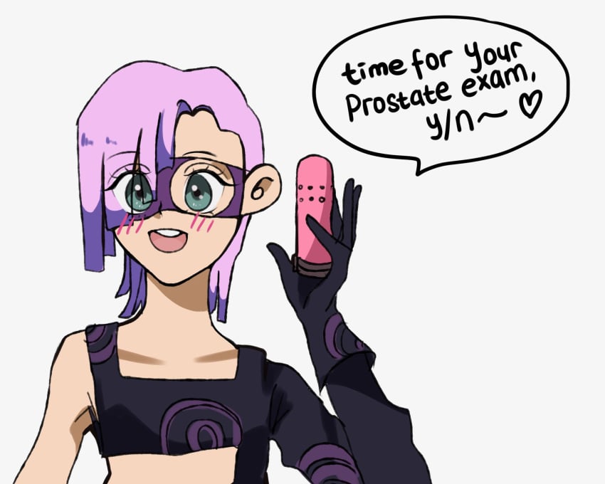 1boy english_text glove human human_only igirishasai jojo's_bizarre_adventure light_skin male male_only melone prostate_exam purple_clothing purple_hair sex_toy speech_bubble tagme text vento_aureo